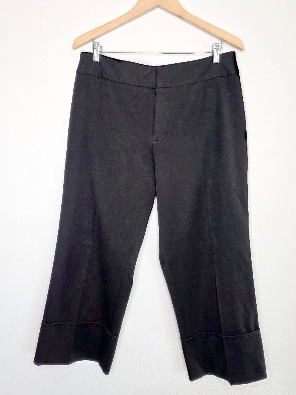 Fabrizio Gianni Size 14 Black Stretch Cuffed Cropped Wide Leg Trousers Pants